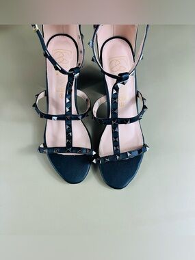 Black Studded T-Strap High Heel Sandals